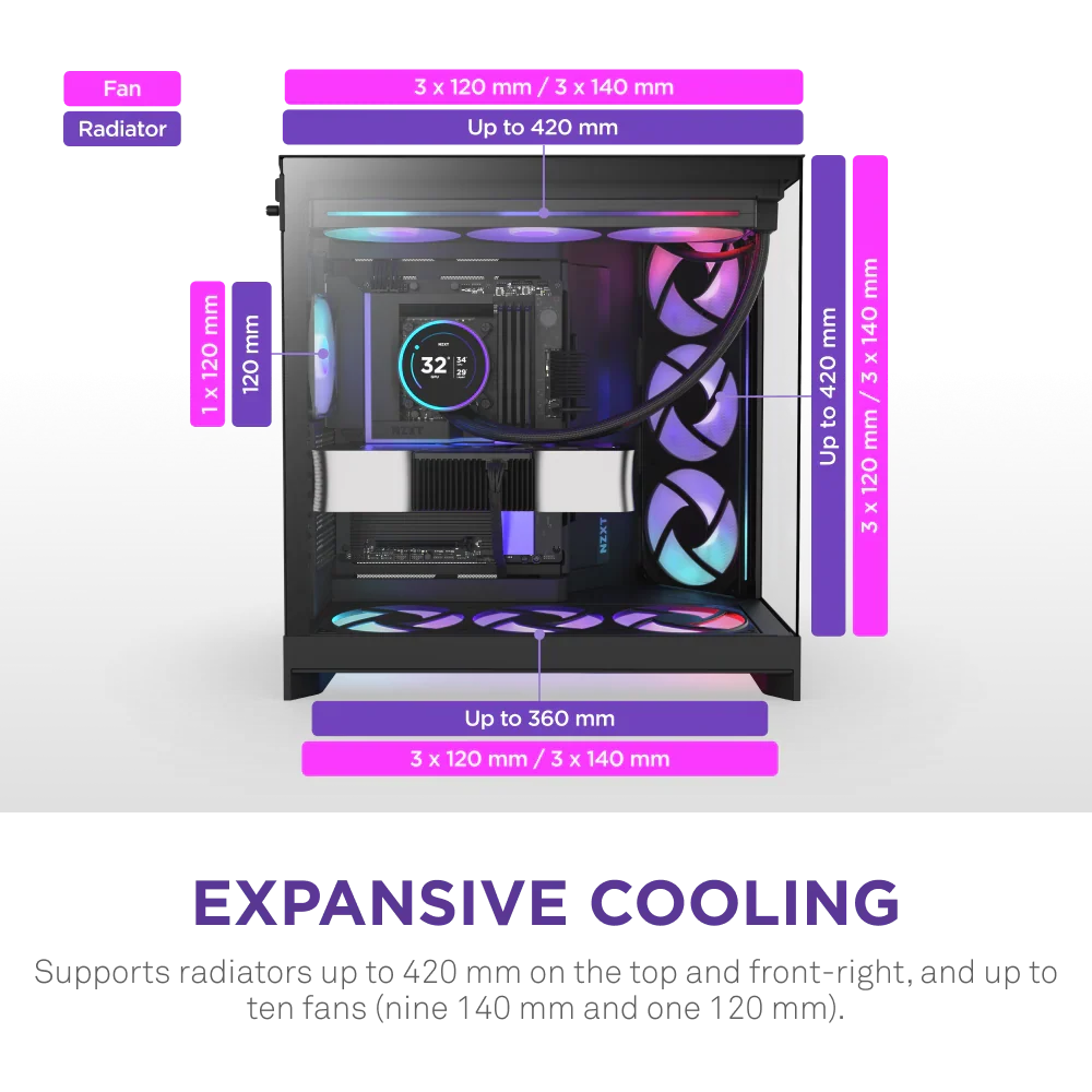 NZXT H9 Flow RGB+ (2025) Dual-Chamber Mid Tower Case With RGB Fans & Control Hub - All Black