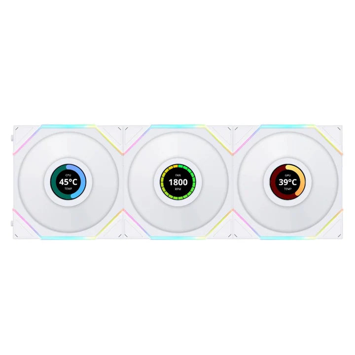 LIAN LI UNI FAN TL LCD Reverse Blade 120mm ARGB Cooling Fan with 1.6" LCD Screen (Pack of 3) - White